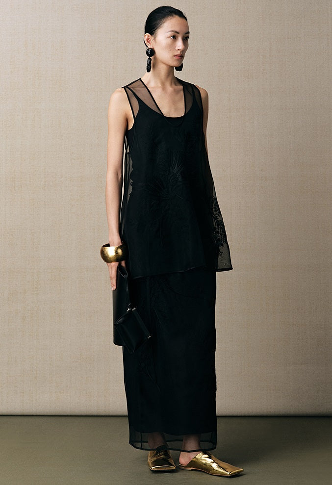 ZHUCHONGYUN U-neckline organza mesh black top-YOYO.