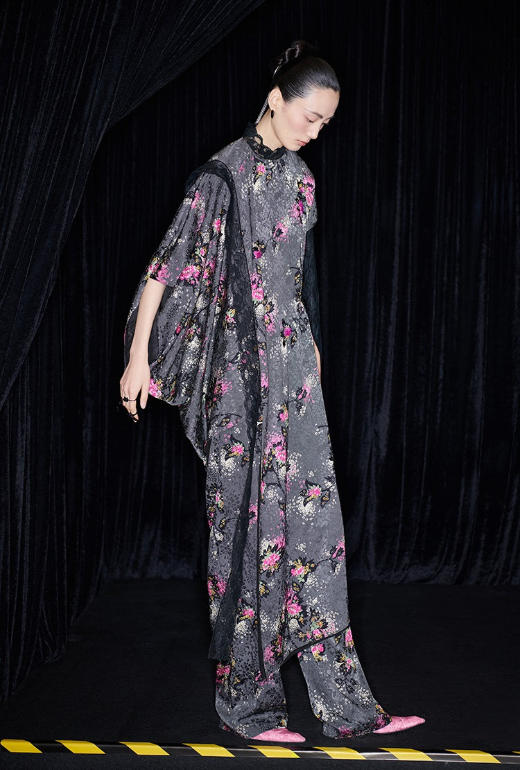 M essential Mackay designer cherry blossom print beaded asymmetrical dress - WORDS.