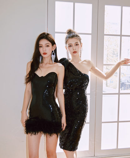 DOLLY Elegant Black One Shoulder Sequin Tube Top Short Feather Party Dress-MAVIS