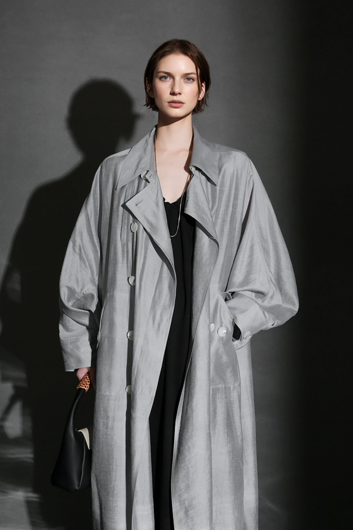 PIAOIN Light Luxury Silk Luster Tencel Linen Trench Coat Jacket -JOSEPHINE