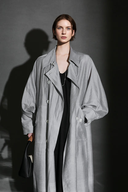 PIAOIN Light Luxury Silk Luster Tencel Linen Trench Coat Jacket -JOSEPHINE