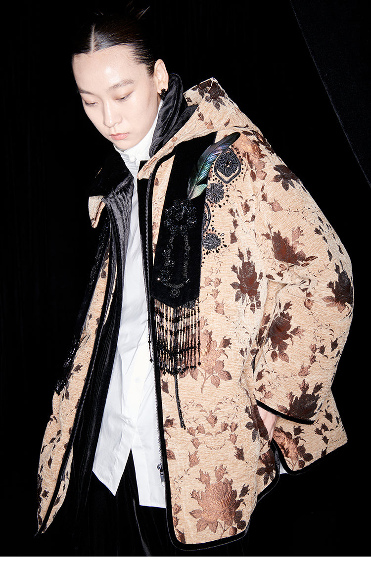 M essential Mackay drop-off jacquard crochet-embroidered hooded puffer jacket - all apere.