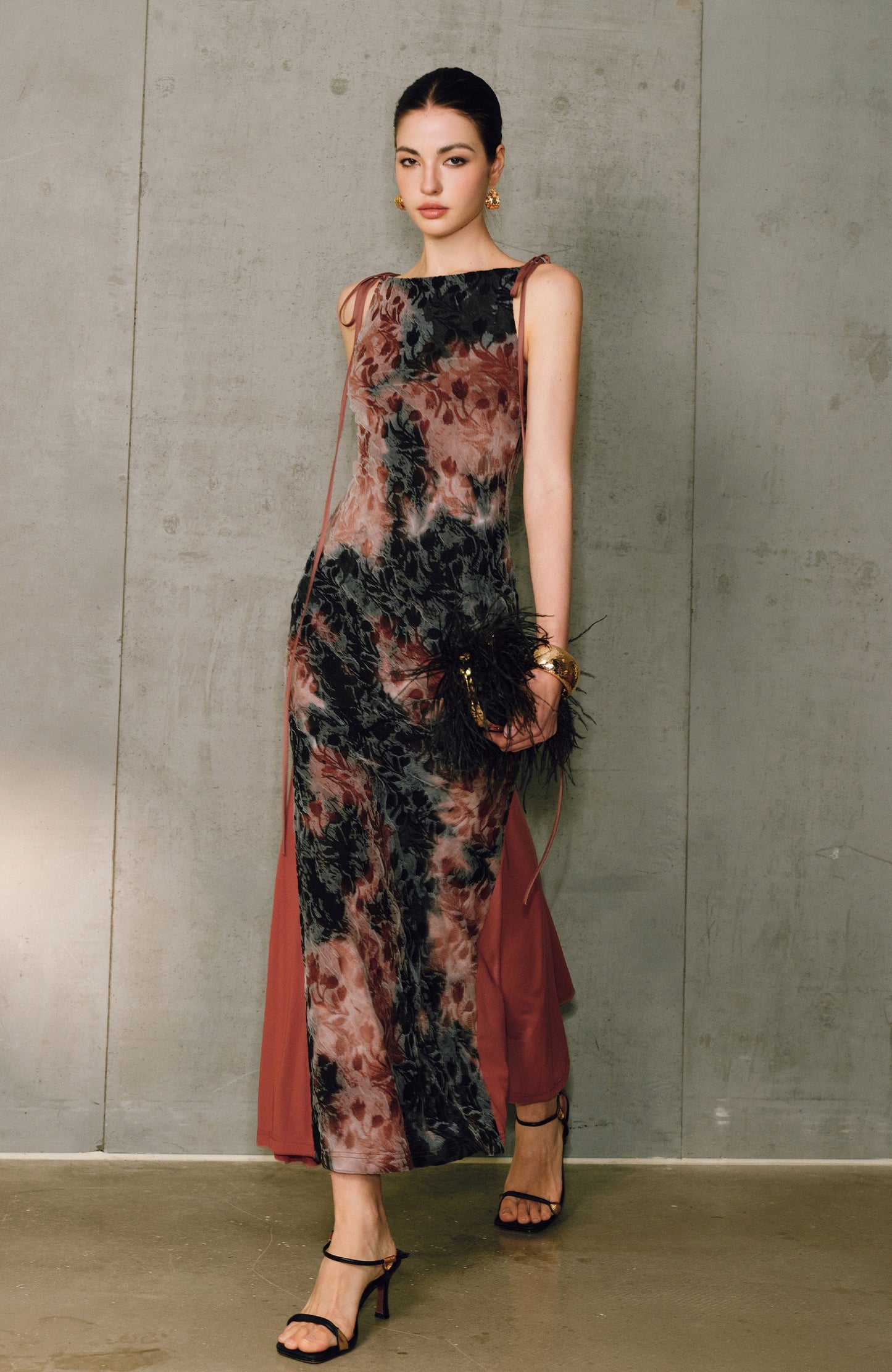 WANGXO | Artistic Ink Smudge Flora Knit Patchwork Contrast Tulle One-Shoulder Fishtail Dress with Flowing Gradient Drama -XINA