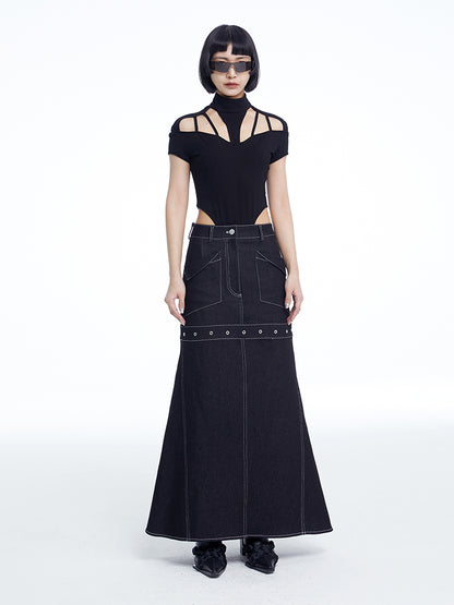 TINY IN black denim women's long a-line skirt -SALEM