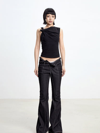 TINY IN black flared women's stitched versatile jeans-RIZU