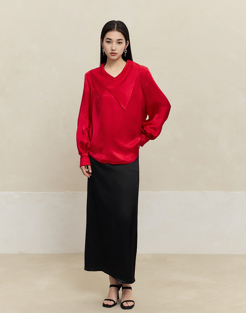 HECO 100% Acetate Long Sleeve red black white Shirt Top Women - glass.