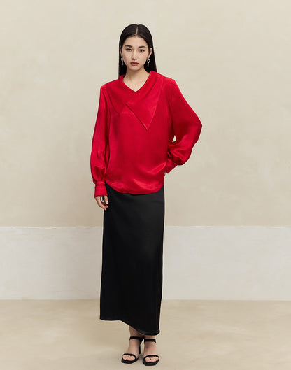 HECO 100% Acetate Long Sleeve red black white Shirt Top Women - glass.