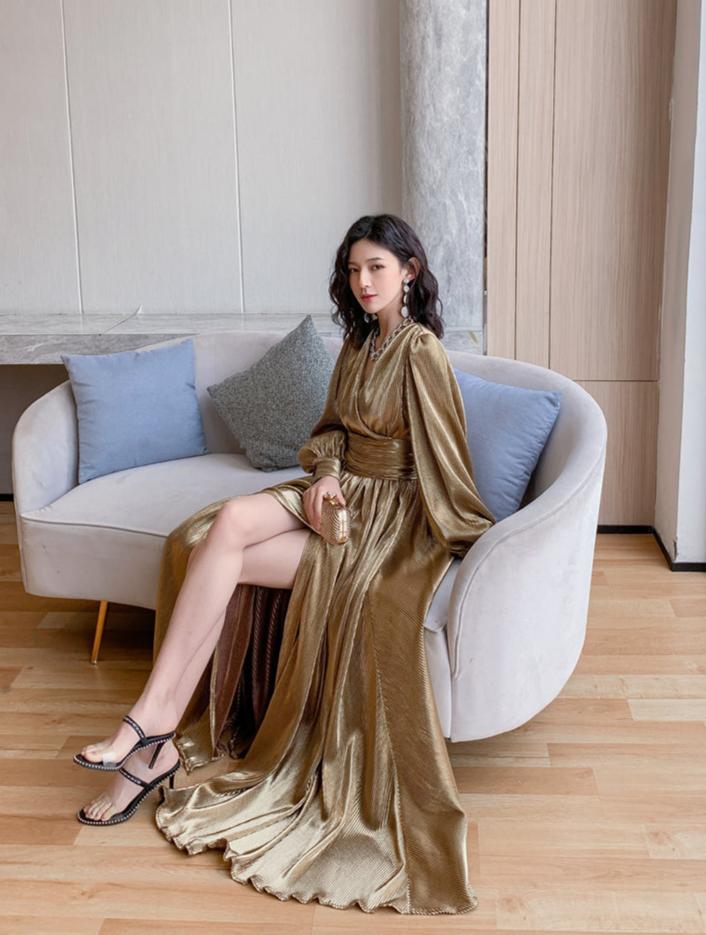 DOLLY Elegant Peach V-Neck Long Puff Sleeve High Waist Long Flowing Guest Dress-BESTY