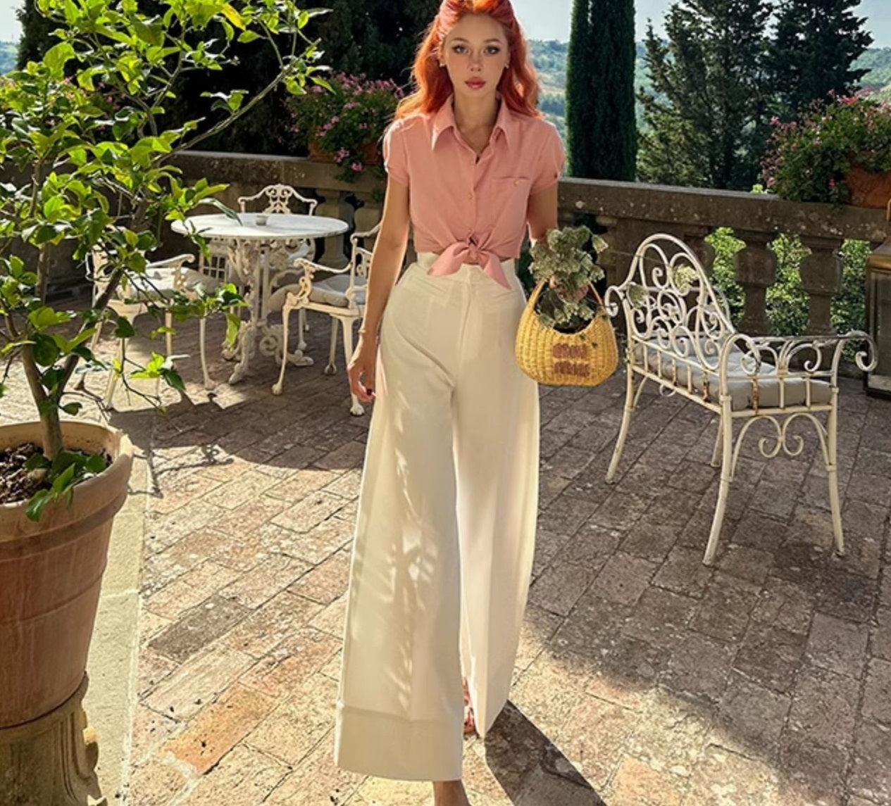 Le Palais Vintage  Gold Cotton Linen Pink Puff Sleeve Shirt + Shorts-ASA.