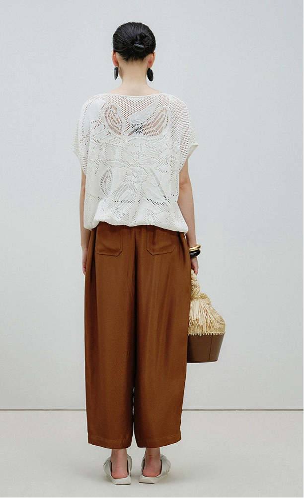 ZHUCHONGYUN coffee brown hand-woven belt cropped pants-TODOROKI.
