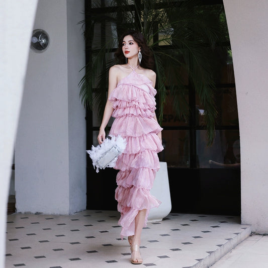 DOLLY High End Pink Sleeveless Loose Long Cake Halter Resort Dress-DEXIE