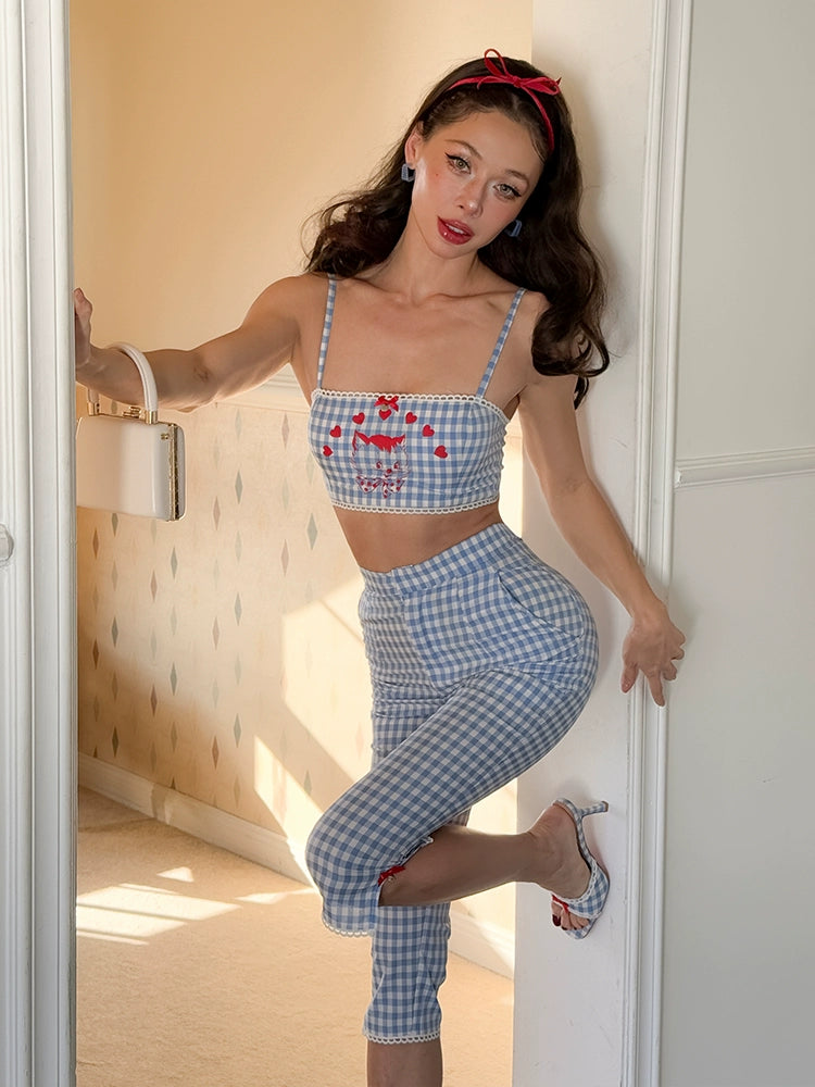 Le Palais Vintage French  Blue  Shorts Red Slim Cardigan- ELFS.