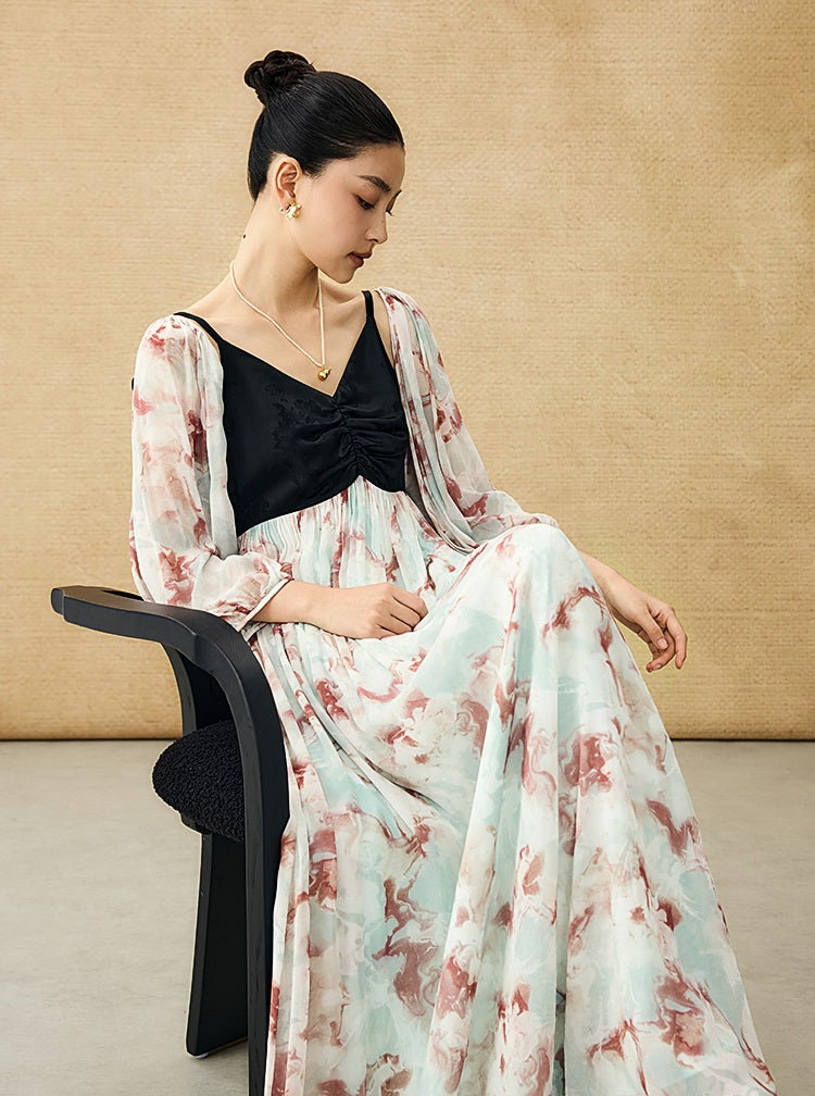 HECO Chinese V-neck camisole chiffon print long dress - BUSE.