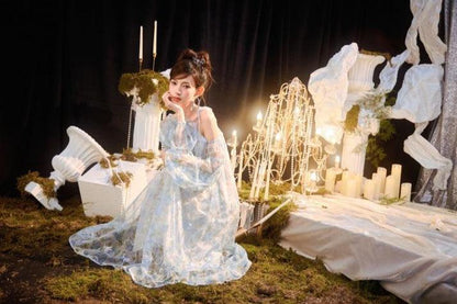 DOLLY Elegant Blue French Style Floral Off Shoulder Loose Glitter Resort Dress-TEE