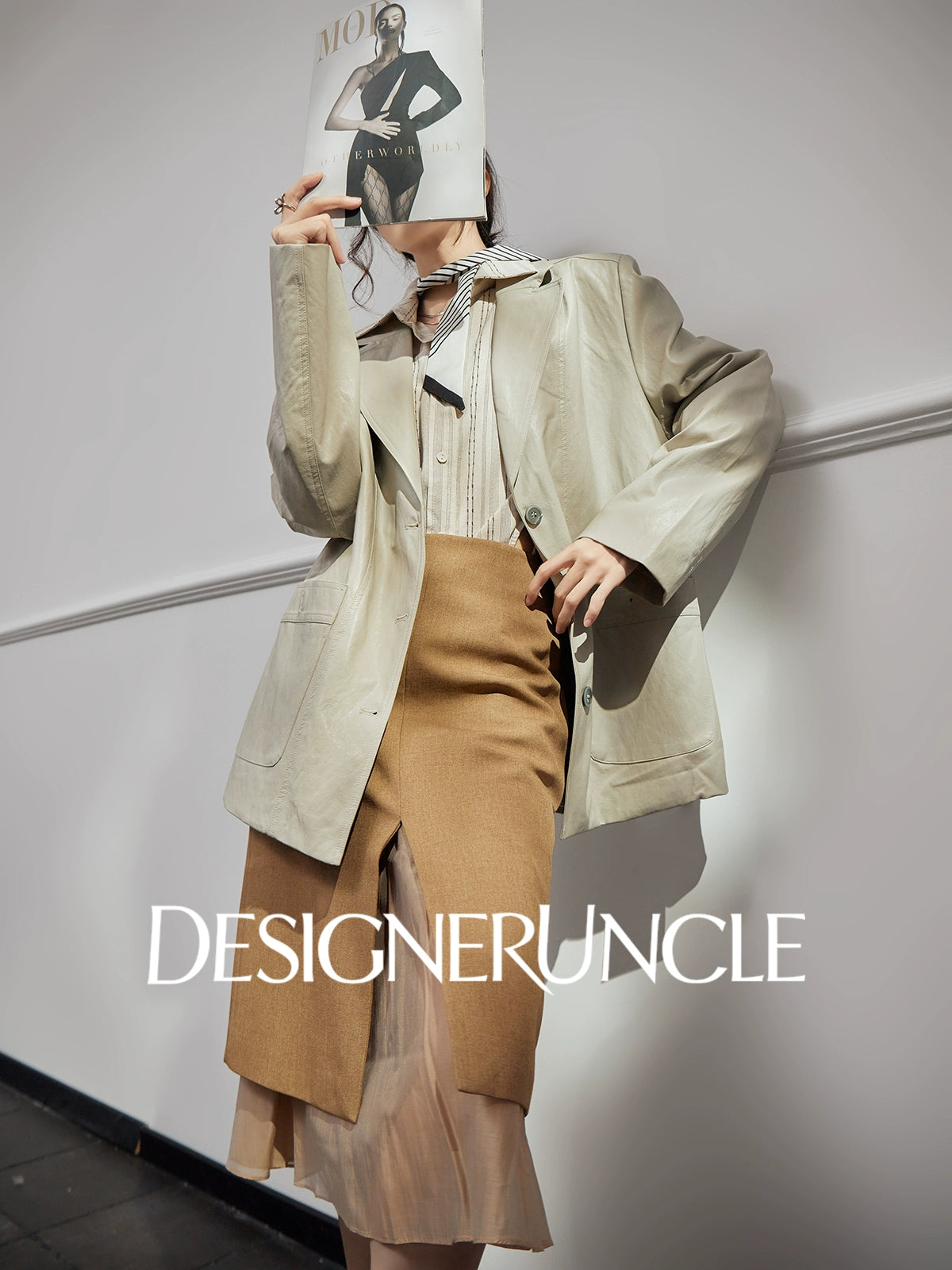 DGU "Light Twilight" Beige Gray Haining Genuine Leather Jacket - Billie.