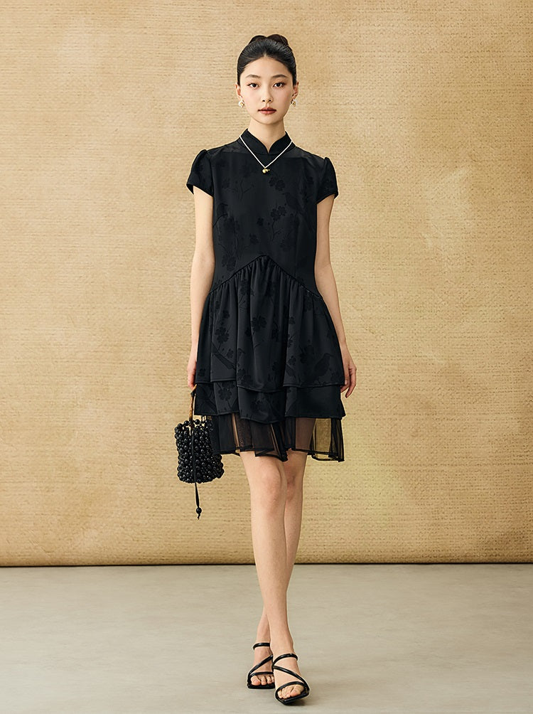 HECO Acetate Jacquard Midi Tiered Cap Sleeves Dress - HEART.