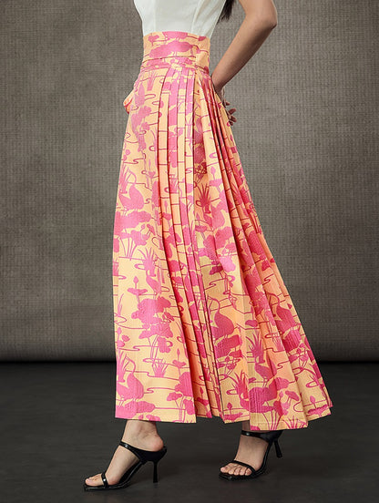 HECO Summer Lotus Pond Crane Long Skirt - GRAD.