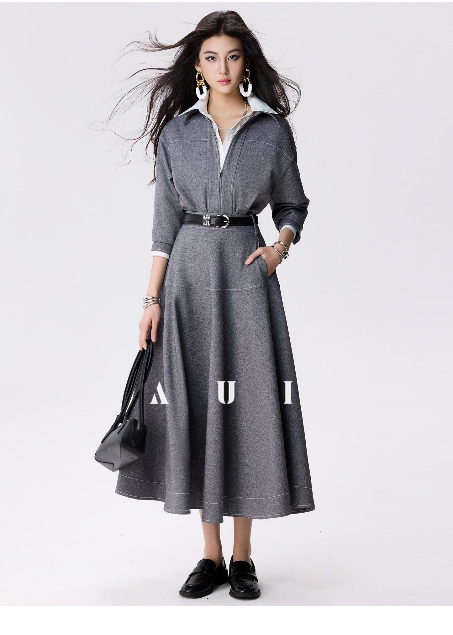 AUI Grey Zippered Lapel Jacket A-Line Hip Skirt Two-Piece Set - Choon-Hee.