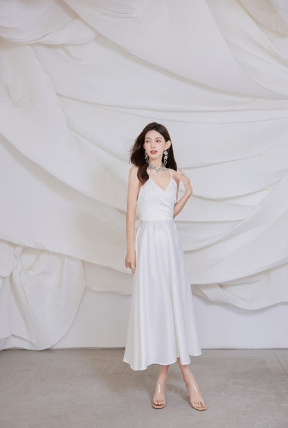 DOLLY Elegant French Style Satin V-Neck Sleeveless Backless Banquet Dress-XENA