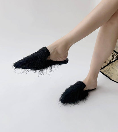 B-FEI black fur niche pointed toe flat mules shoe-VASCO.