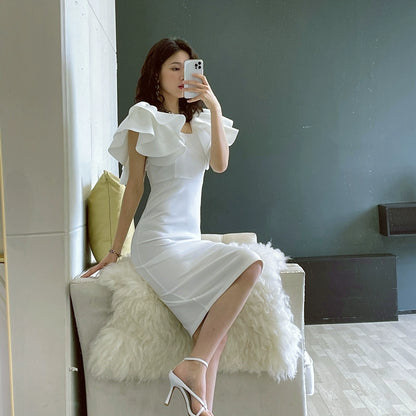 DOLLY Elegant Square Collar Ruffle Short Sleeves Slim Fit Midi Office Dress-HELEN