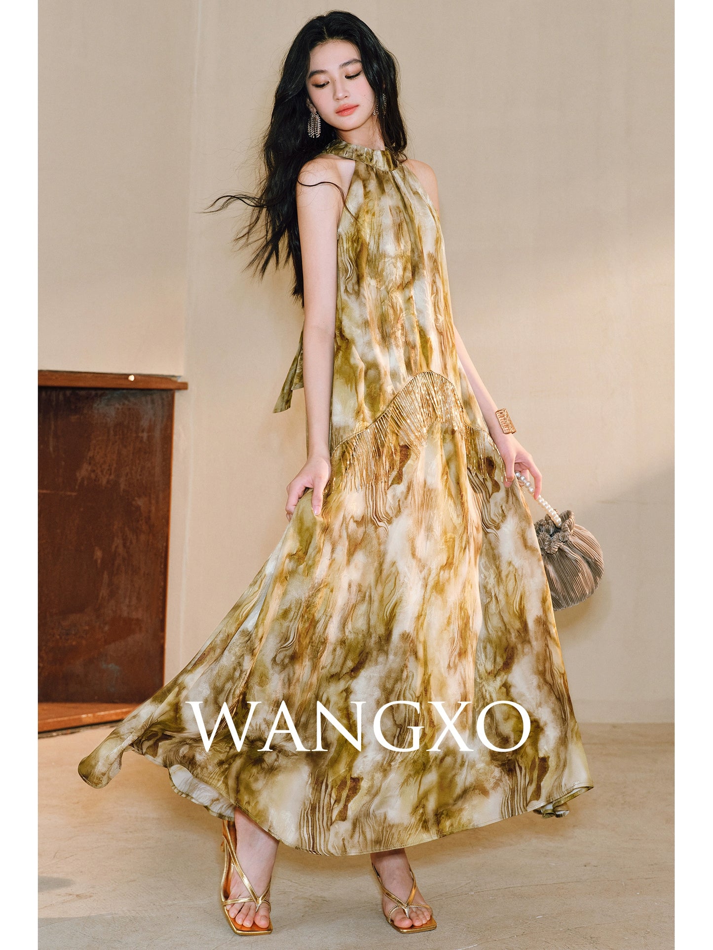 WANGXO | Oil Painting-Inspired Satin Jacquard  Beaded Tassel French-Italian Romantic Shaved Shoulder Halterneck Dress -LUMI