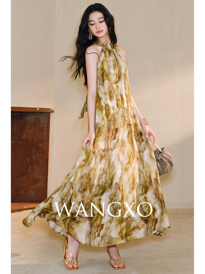 WANGXO | Oil Painting-Inspired Satin Jacquard  Beaded Tassel French-Italian Romantic Shaved Shoulder Halterneck Dress -LUMI