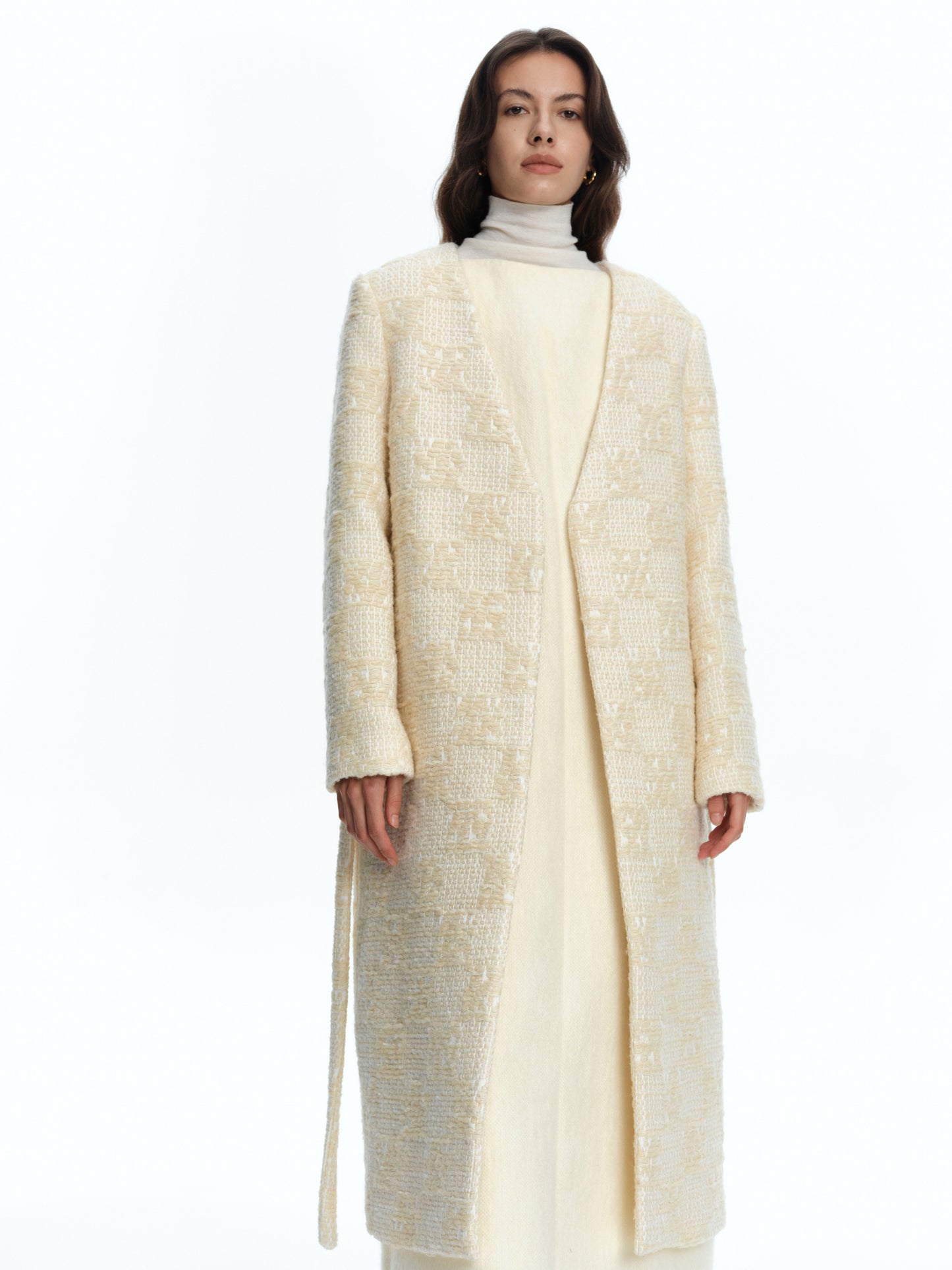 SERRER Beige roving texture weave style lace-up wool coat - FATIMA.