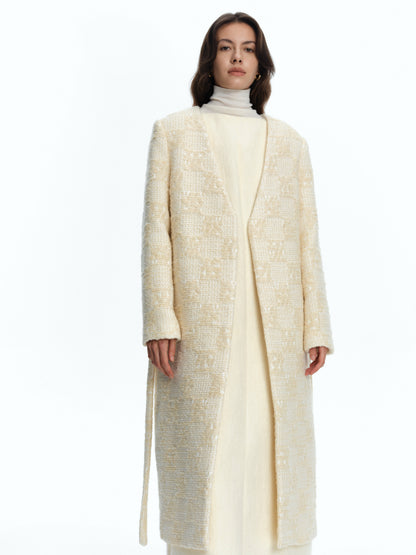 SERRER Beige roving texture weave style lace-up wool coat - FATIMA.