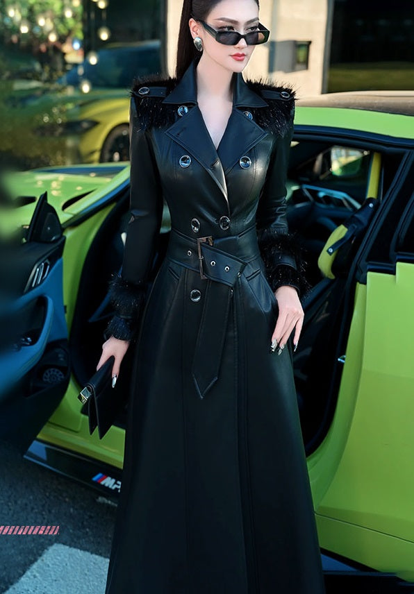VJE  Black Faux Leather Waist Over Knee Trench Coat-PIA.