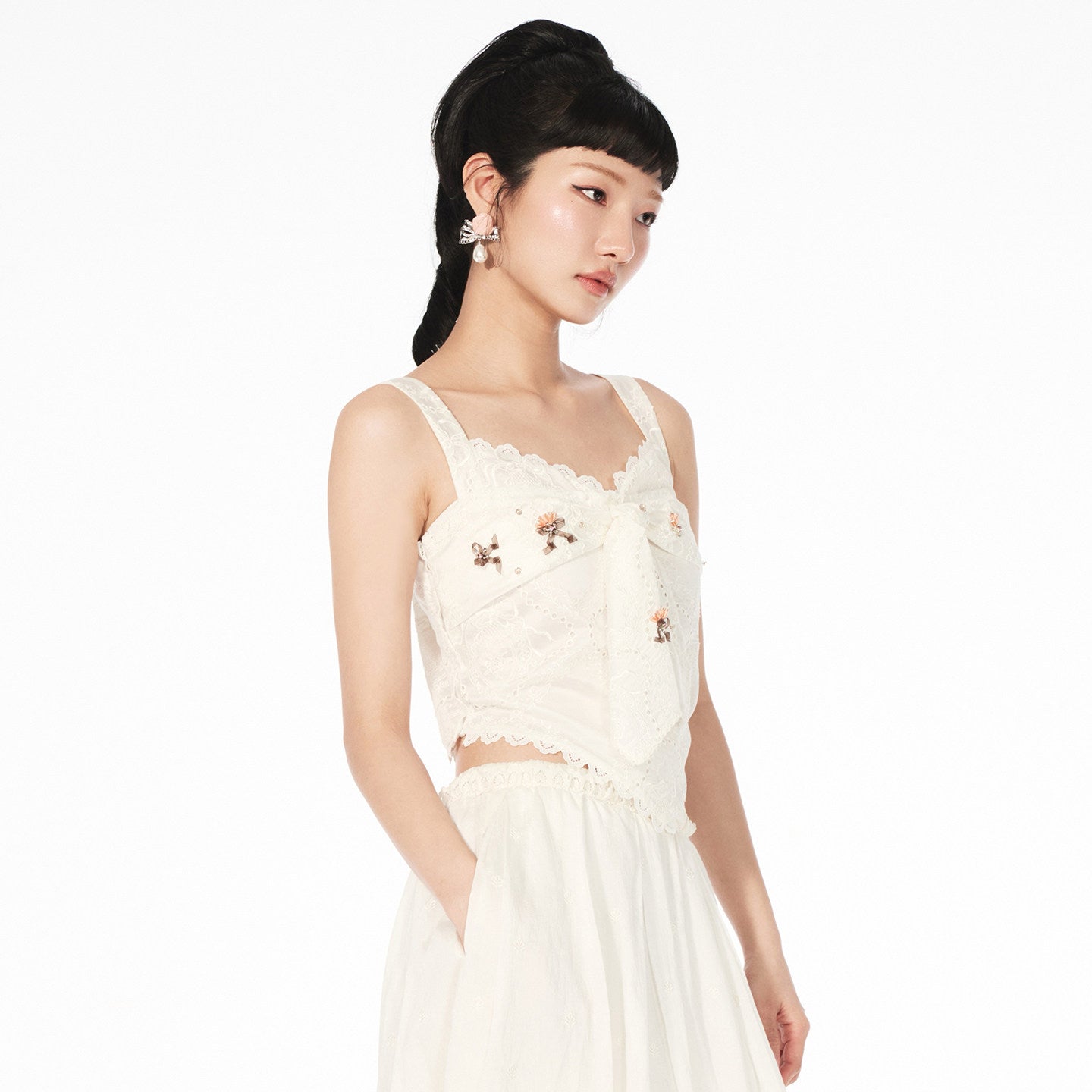 FAME rococo embroidered beaded fake two-piece camisole top - FIONA