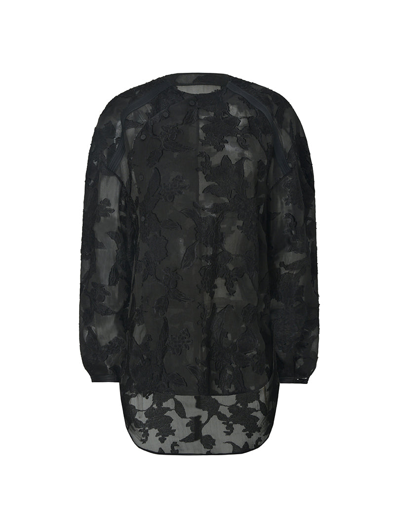 M essential Mackay designer slashed silk-cut semi-sheer lace pant top - indigo.