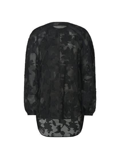 M essential Mackay designer slashed silk-cut semi-sheer lace pant top - indigo.