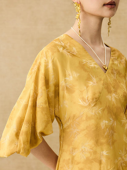 HECO Chinese V-Neck Waist Summer Elegant Floral Stitched Mesh dress - TULIP .