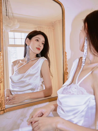 DOLLY Elegant Blue French Style Satin Sleeveless Pleated Hip Long Slit Dinner Dress-AVA