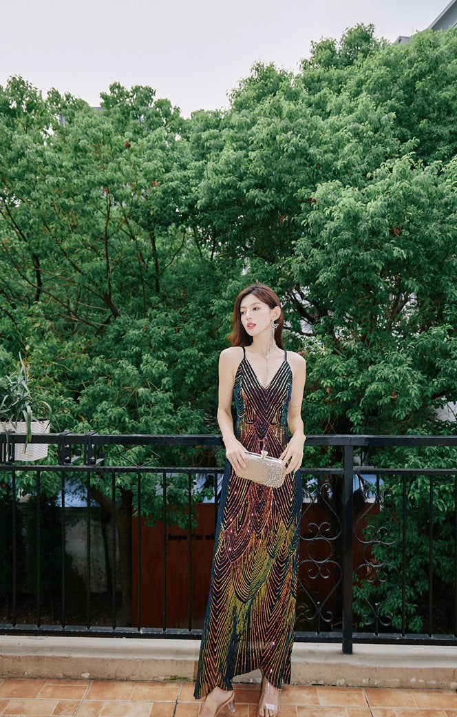 DOLLY Elegant Colorful Black Sleeveless Sequin Long Suspender Banquet Dress-LUNE