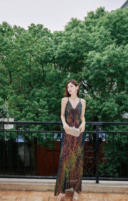 DOLLY Elegant Colorful Black Sleeveless Sequin Long Suspender Banquet Dress-LUNE