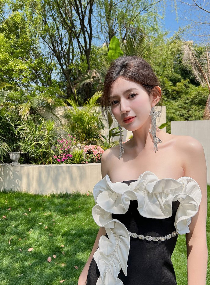 DOLLY Elegant Black Off Shoulder White Ruffle Tube Top Short Date Dress-JAJA