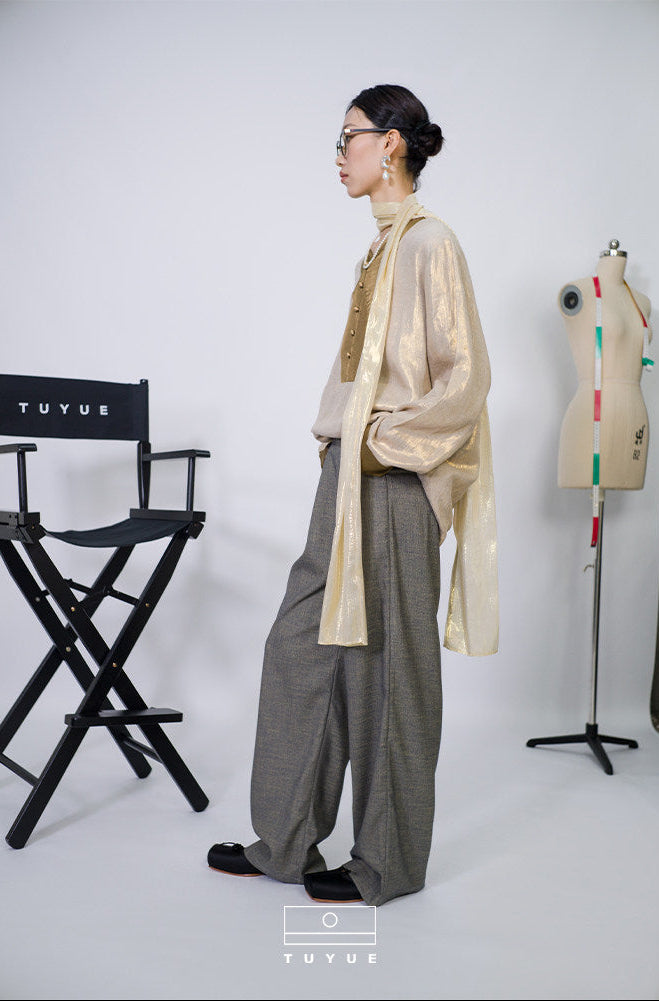 TUYUE Linen Glossy Long Sleeve V-Neck Loose Shirt - ALICIA.