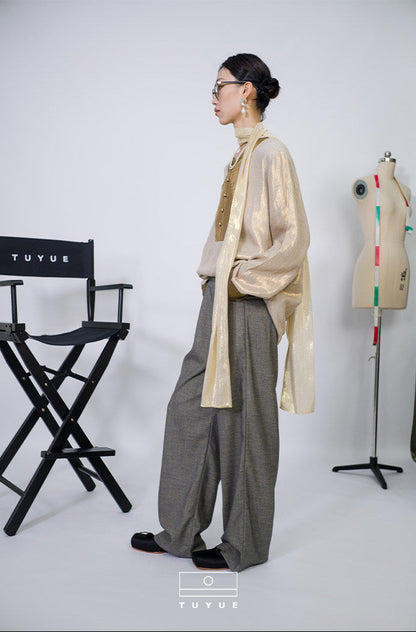 TUYUE Linen Glossy Long Sleeve V-Neck Loose Shirt - ALICIA.