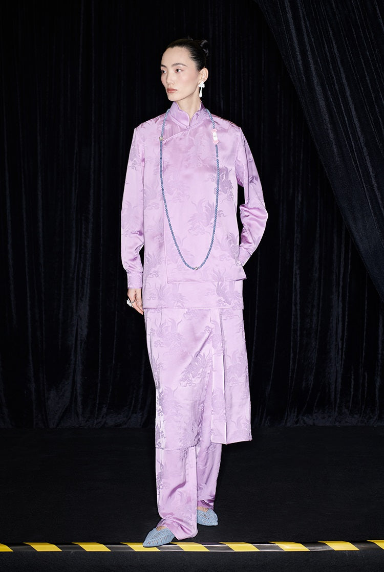 M essential Mackay designer label hibiscus jacquard side collar shirt set - THEO.