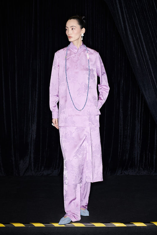 M essential Mackay designer label hibiscus jacquard side collar shirt set - THEO.