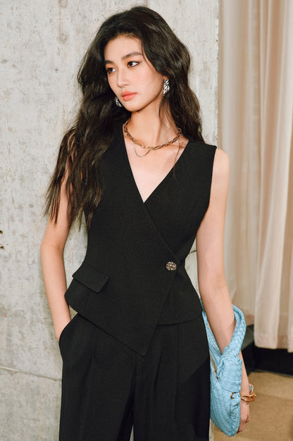 WANGXO | Cool Skin-Friendly Slanted Vest & Single-Pleated Trousers Elegant Suit- VEDA