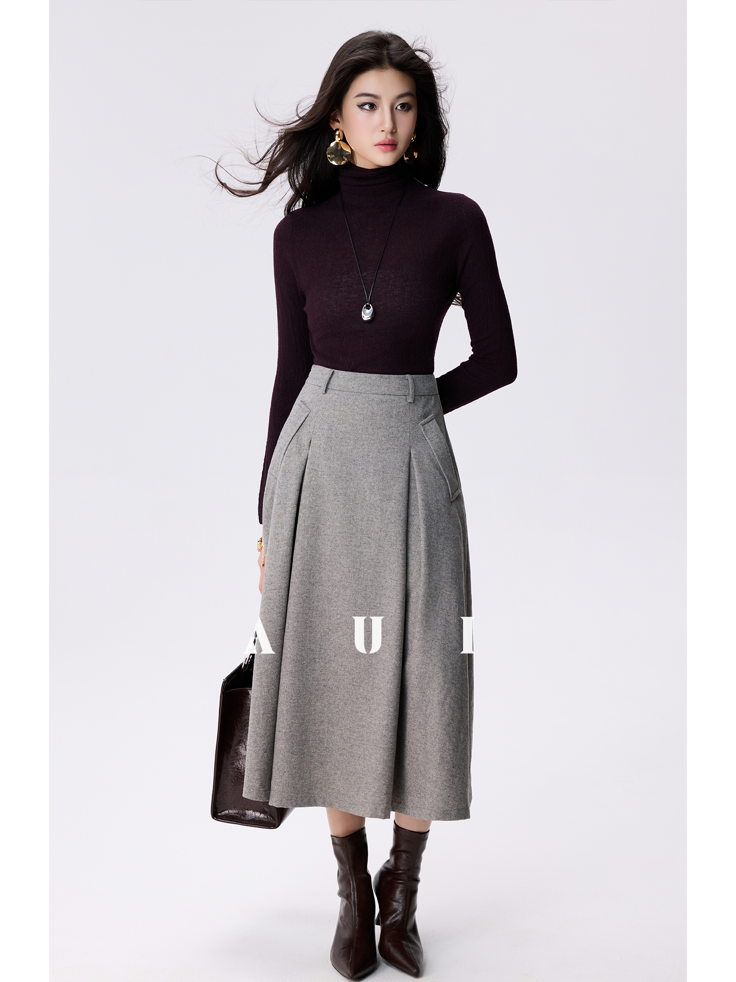 AUI Wrinkled High-Waisted Umbrella Temperament Mid-Length Skirt - PRIDE