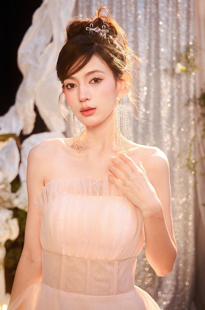 DOLLY Luxury Peach Pink French Style Tube Top Sleeveless High Waist Prom Dress-PEACHES