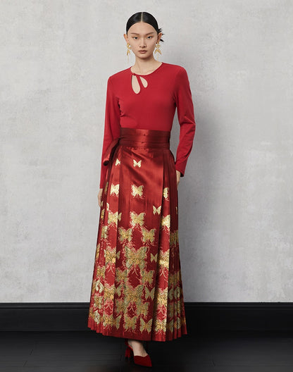 HECO Butterfly Hanfu High Waisted Pleated Long Skirt - rain.