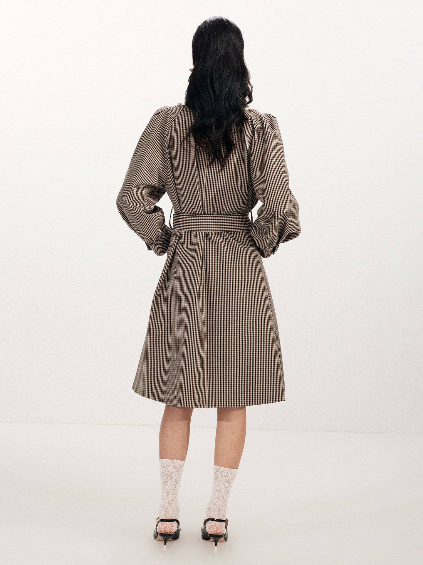 FAME Embroidered Collar Vintage Plaid Long Trench Coat - SANDRA.