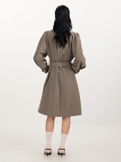 FAME Embroidered Collar Vintage Plaid Long Trench Coat - SANDRA.