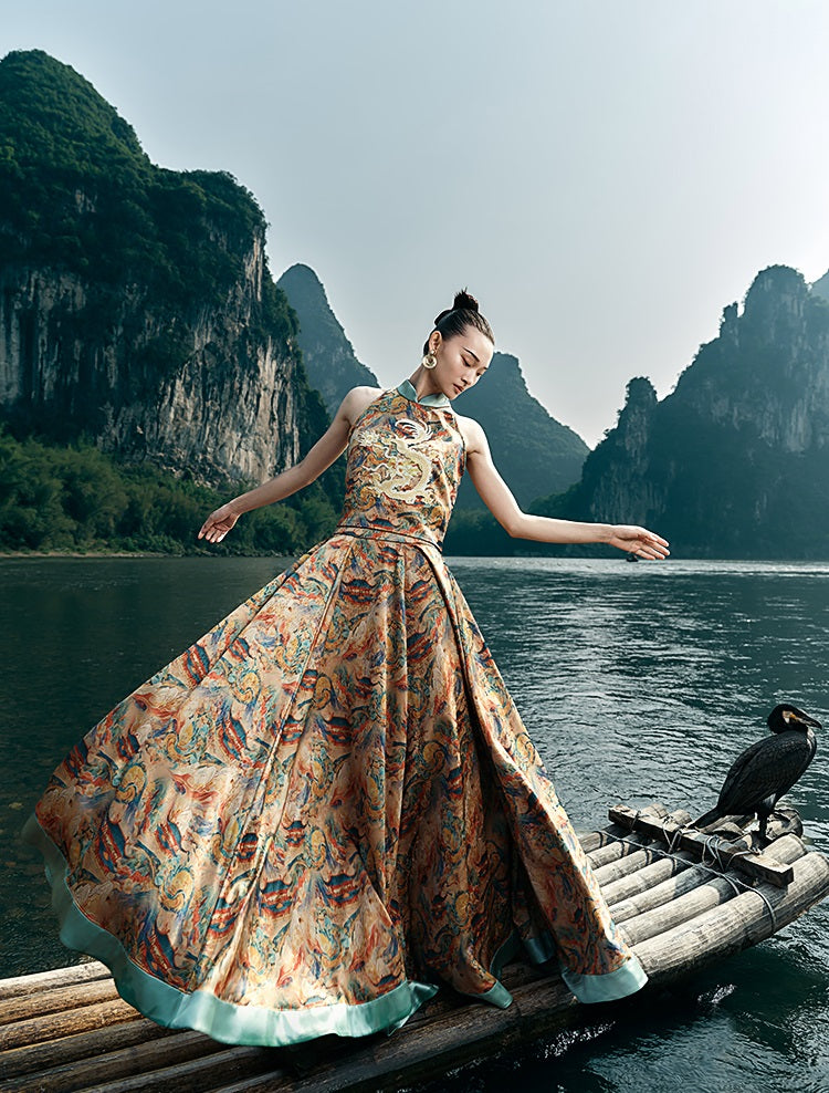 HECO Chinese Contrast Mural Big Swing Fishtail Skirt - MIGRO.