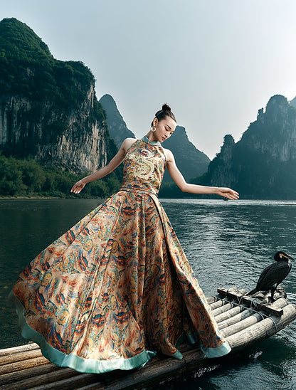 HECO Chinese Contrast Mural Big Swing Fishtail Skirt - MIGRO.